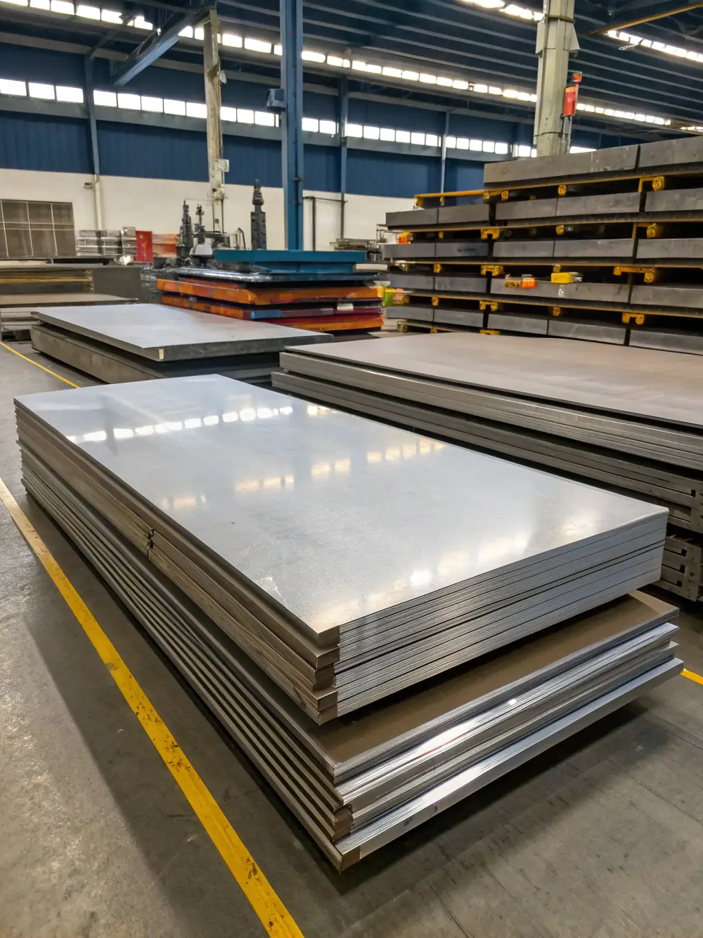 A close-up image of steel plates stacked in a warehouse, emphasizing their high durability and resistance to wear for various applications in Belize.
