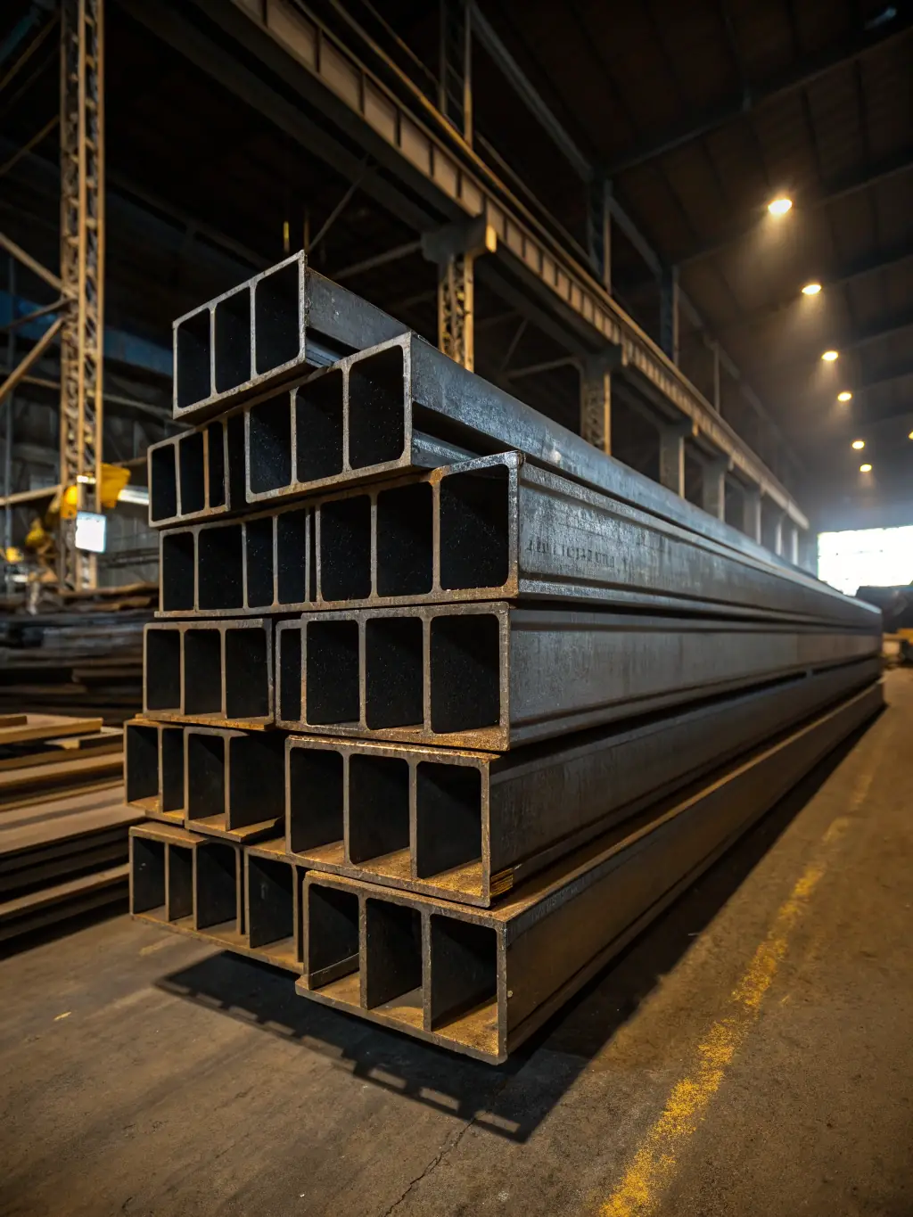 A high-quality image of structural steel beams stacked neatly in a warehouse, showcasing their strength and durability for construction projects in Belize.